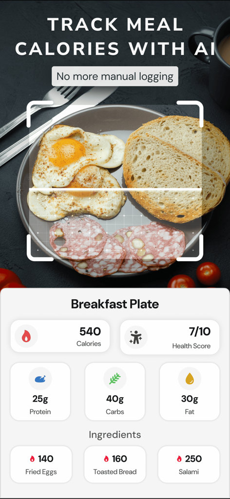 Calorie Tracker: Counter AI - AI calorie tracker app interface scanning a breakfast plate to display calories and macronutrients