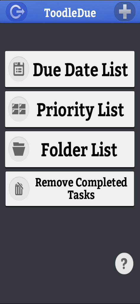 Main dashboard of ToodleDue app showing options for due date priority and folder lists