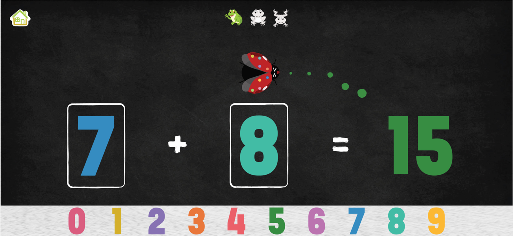 Montessori Math Learning Games - Interactive math addition lesson showing 7 plus 8 equals 15 for kids