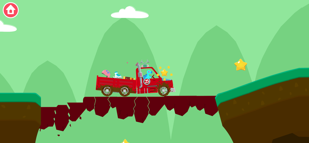 Ein blauer Dinosaurier fährt einen roten LKW über einen steinigen Weg in einem Kinderspiel.