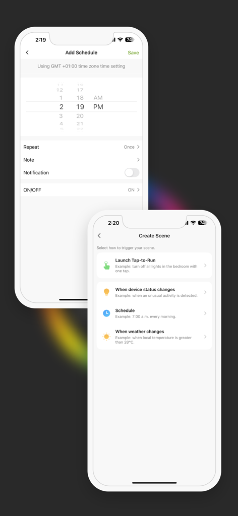 LUX Control - Mobile interface of LUX Control app for scheduling smart lights and creating lighting scenes