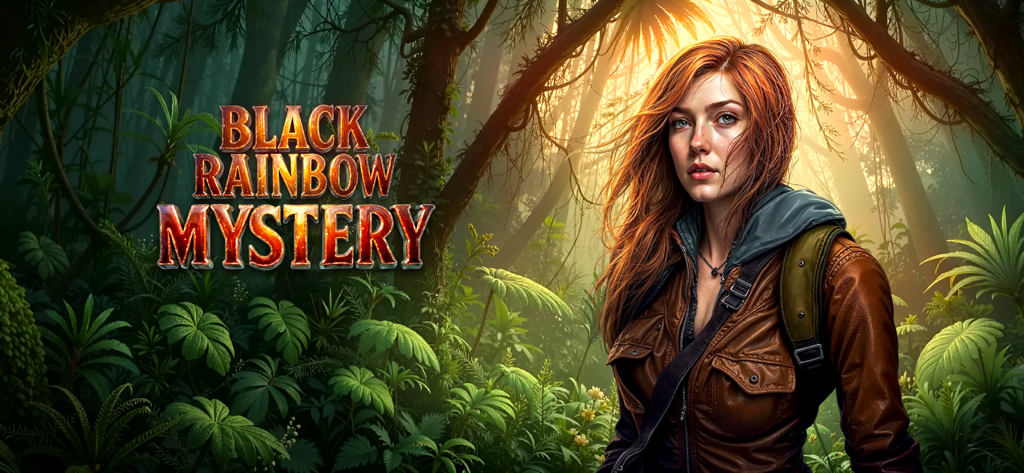 Black Rainbow Mystery - Banner del juego Misterio del Arcoíris Negro con una exploradora en una jungla exuberante