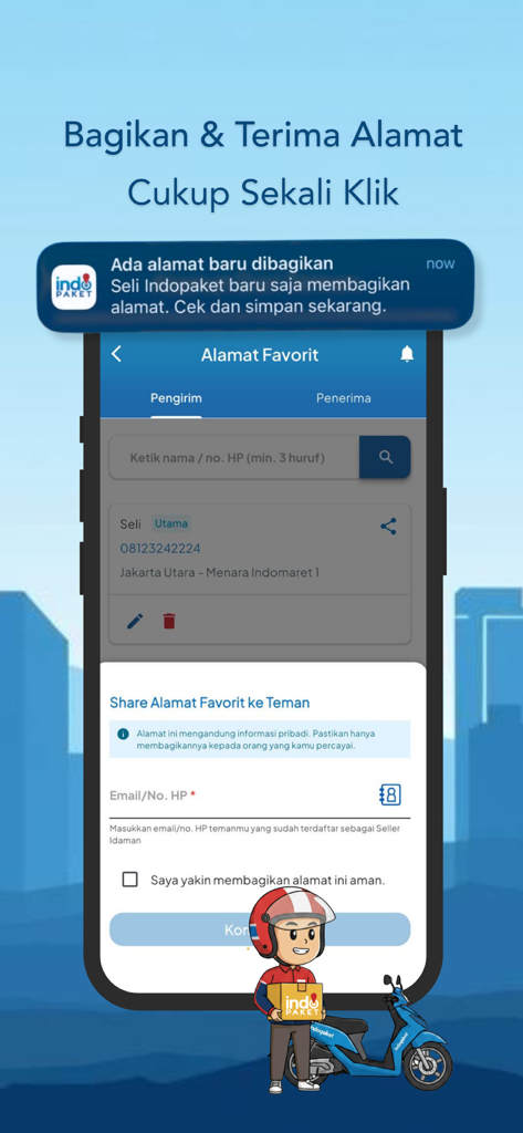 INDOPAKET app interface showing favorite address management and sharing features with a delivery mascot on a scooter