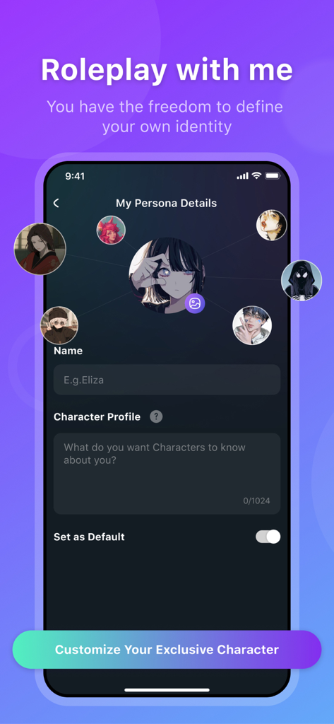 Mobile interface of the HiWaifu app showing character persona customization and profile settings with anime avatars.