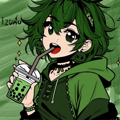hot baddie anime girl drinking boba and biting the straw