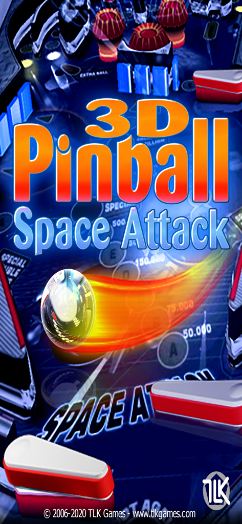 3D Pinball Space Attack - Pantalla de título del juego 3D Pinball Space Attack mostrando una bola metálica con rastro de fuego en una mesa de arcade con temática espacial