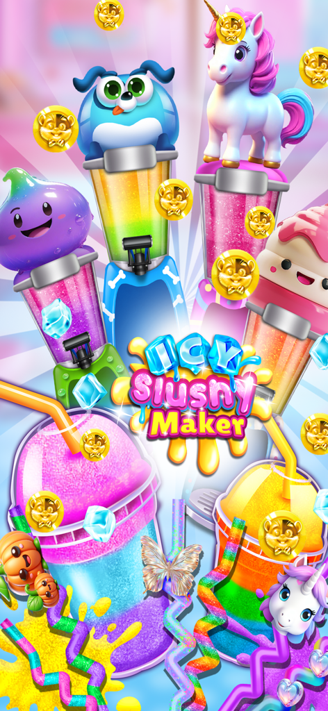 Colorful rainbow slushy maker game with unicorn and cute character cups