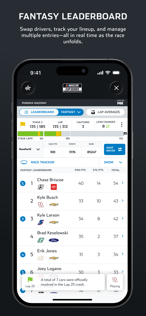 NASCAR MOBILE - NASCAR Mobile app fantasy leaderboard screen showing live driver standings and points.