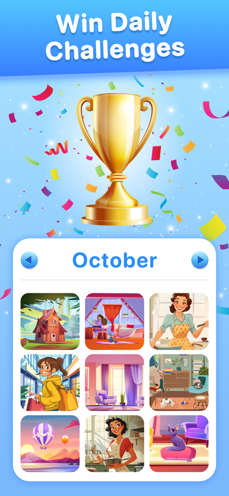 A golden trophy with confetti above a selection of October puzzle levels in the Define Find Difference game.