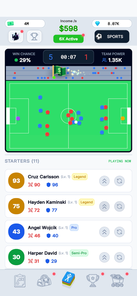 Sport Star - Team Manager Idle - Soccer match simulation and player roster screen in Sport Star Team Manager Idle.