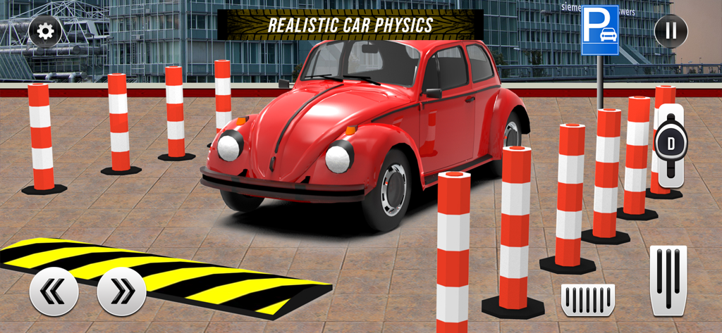 Car Parking Offline - A red classic car navigating a parking obstacle course with bollards in the Car Parking Offline simulation game.