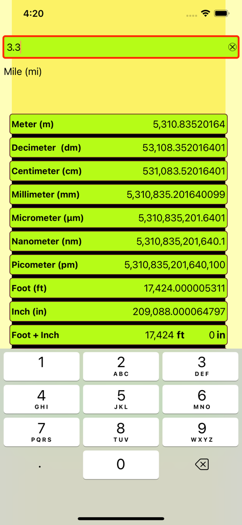 Length Conversion - Bildschirm der Längenkonvertierungs-App, der die Umrechnung von Meilen in verschiedene Einheiten, einschließlich Fuß und Zoll, zeigt