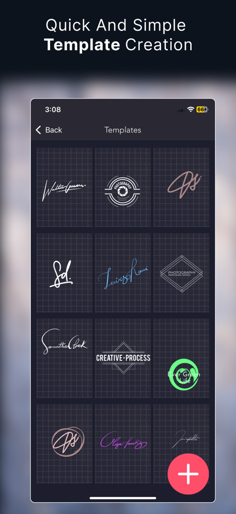 A mobile app screen displaying a grid of professional watermark templates including signatures and logos