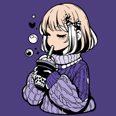 manga girl drinking boba in cozy sweater