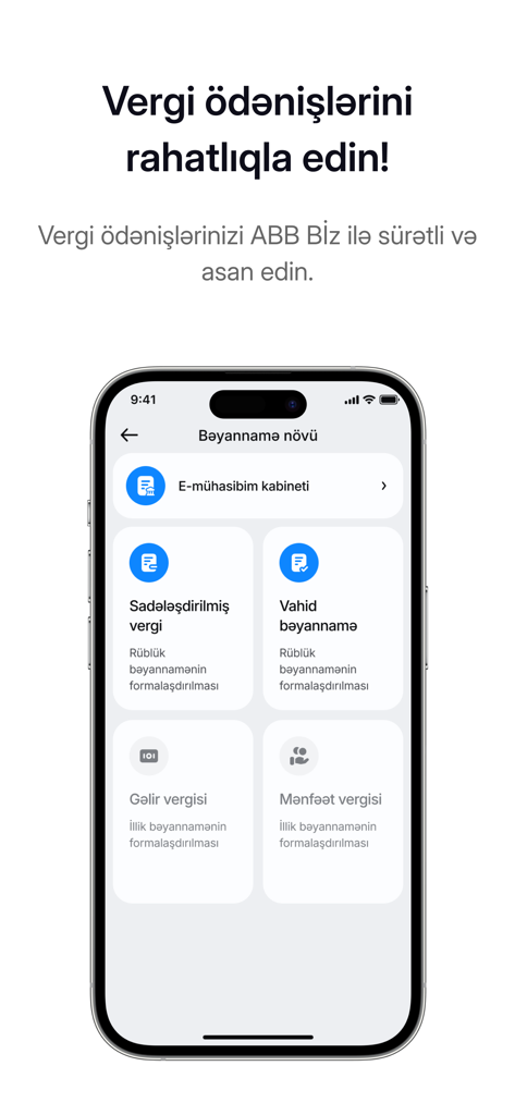 ABB Biz mobile app screen for managing business tax declarations and payments.