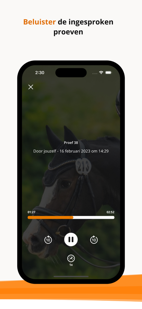 KNHS Dressuurproeven - iPhone screen showing the audio player interface for recorded dressage tests in the KNHS app