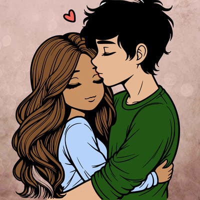 a realistic couple boy and girl hugging and kissing