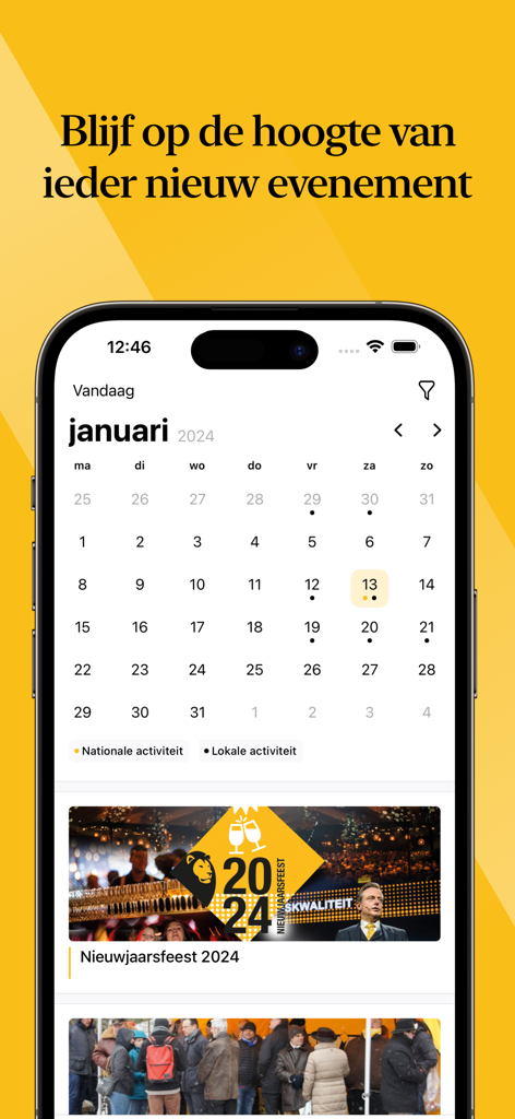 N-VA - L'application mobile N-VA affichant un calendrier d'événements politiques avec des marqueurs d'activités nationales et locales.