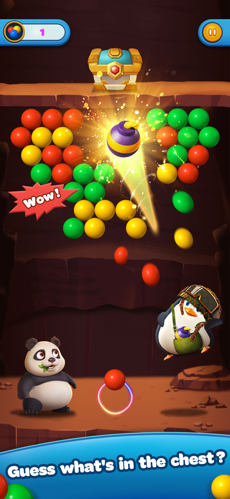 Bubble Shooter Panda Crush - Gameplay screenshot of Bubble Shooter Panda Crush showing a panda and penguin aiming for a treasure chest reward