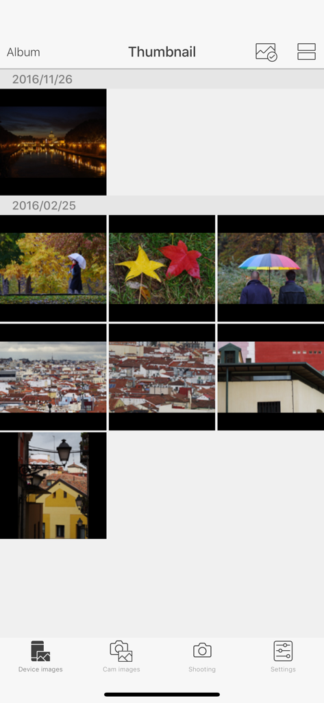 A thumbnail gallery view of photos synced from a Ricoh or Pentax camera within the Image Sync app organized by date