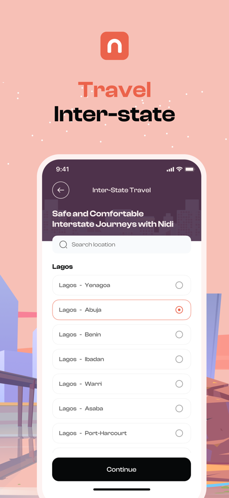 NidiDrive - NidiDrive Mobile App-Bildschirm mit Buchungsoptionen für Reisen zwischen Bundesstaaten mit Routen von Lagos zu verschiedenen Städten