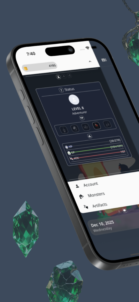 SENA: To-Do × RPG - Character profile screen in the SENA app showing a level 8 adventurer with XP and ATK stats