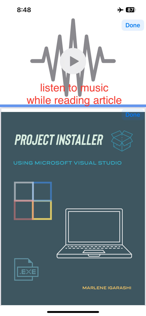 iPhone screenshot showing fileSplit app with a music player on the top screen and a technical PDF document on the bottom screen
