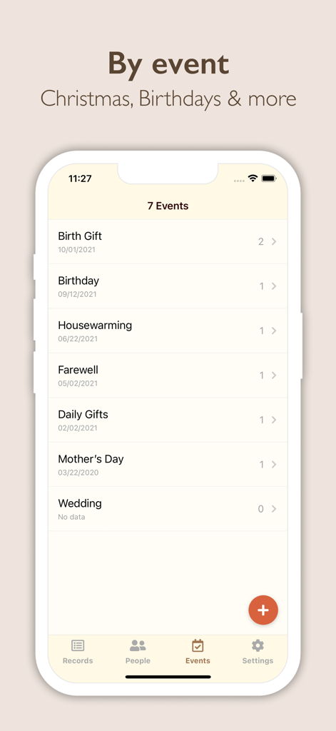 Gift Recorder app interface displaying gift logs organized by events like birthdays and weddings