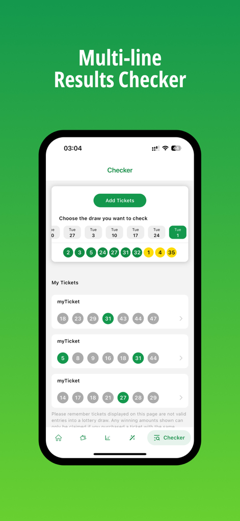 OZ Lotto - OZロトモバイルアプリのスクリーンショットに、当選番号と保存されたチケットが付いた複数行結果チェッカーのインターフェースが表示されています