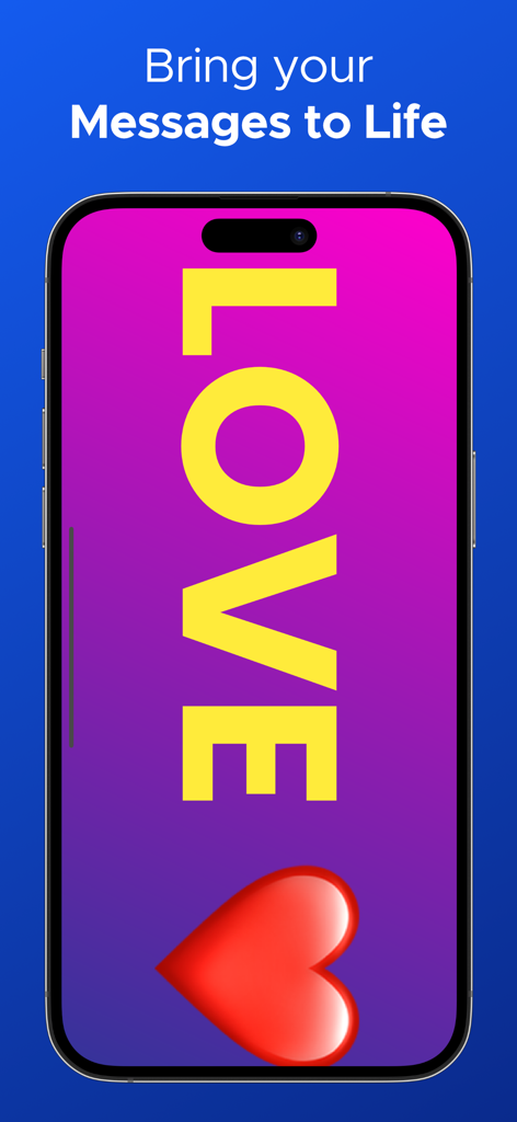 Un smartphone que muestra un banner LED digital vertical con la palabra LOVE en amarillo y un icono de corazón rojo.
