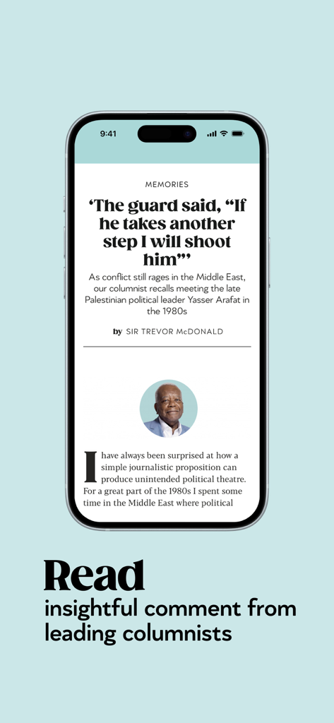 Captura de pantalla de la aplicación Saga Magazine que muestra un artículo del columnista Sir Trevor McDonald