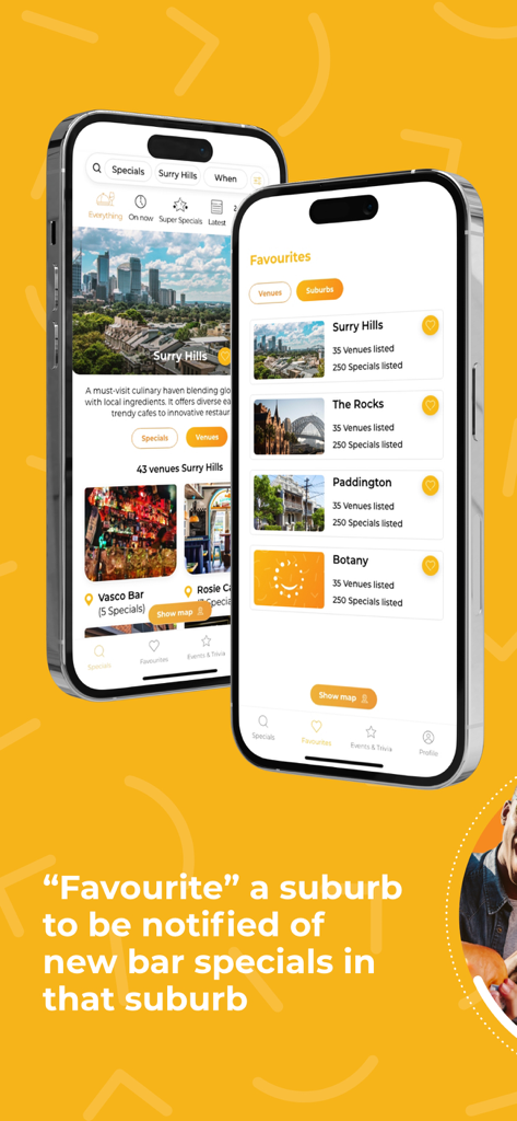 The Happiest Hour - Interface of The Happiest Hour app showing a list of favorite suburbs and local bar specials.