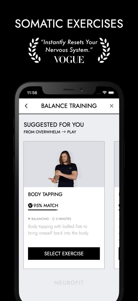 Vagus Nerve Reset: NEUROFIT™ - Pantalla de ejercicios somáticos de la aplicación NEUROFIT de un ejercicio de golpeteo corporal para aliviar el estrés