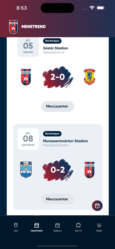 Vidi app - Match schedule and scores for Fehervar FC in the Vidi app