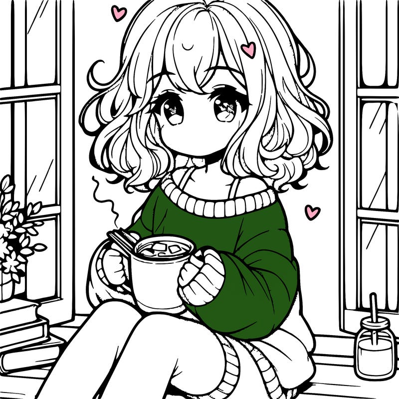 cute anime girl reading book and drinking hot chocolate from mug with loose wavy hair wearing a baggy sweatshirt and shorts sitting by windowsill looking out