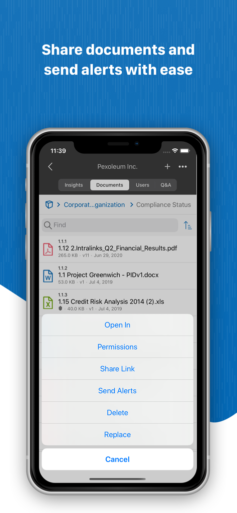 Intralinks mobile App-Bildschirm mit Optionen zur Dokumentenfreigabe und Dateiverwaltung