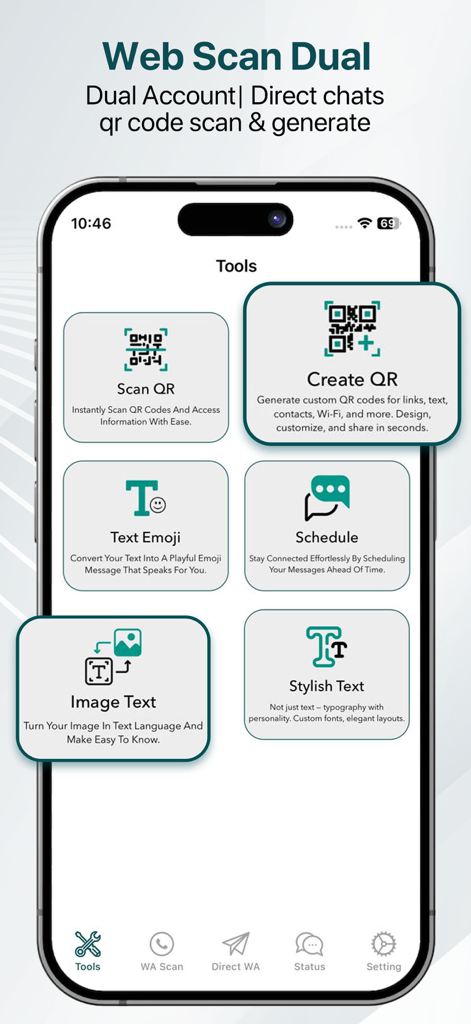 WT Scan Web Messenger - Dashboard of WT Scan Web Messenger app showing utility tools like QR scanner and message scheduler.