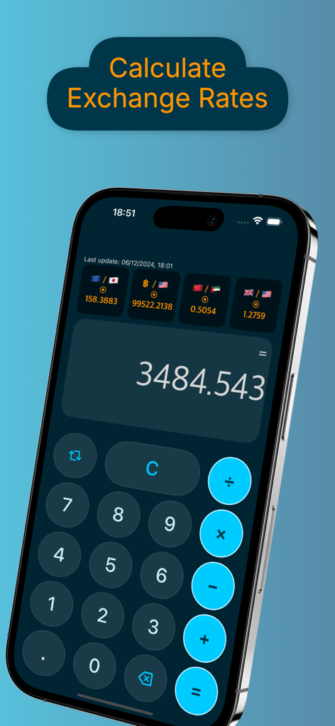 Tela da calculadora integrada mostrando taxas de câmbio ao vivo para várias moedas globais