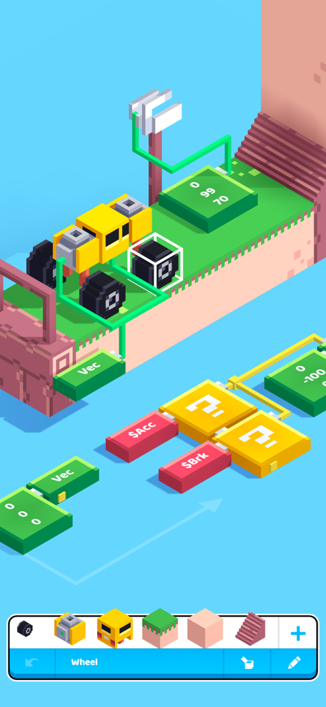 Interfaz del editor de juegos Fancade mostrando un coche voxel y bloques de programación visual