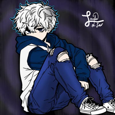 a male hoddie ripped jeans messy hair anime