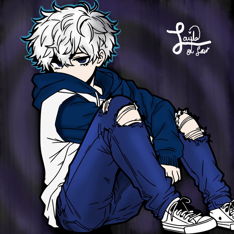 a male hoddie ripped jeans messy hair anime