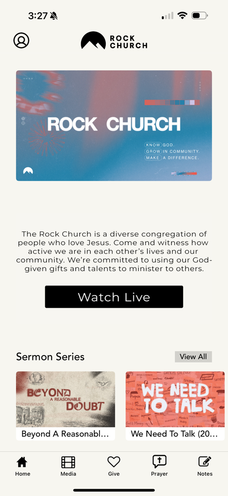 Church App - Tithe.ly - Home screen of the Rock Church mobile app featuring sermon series and a watch live button