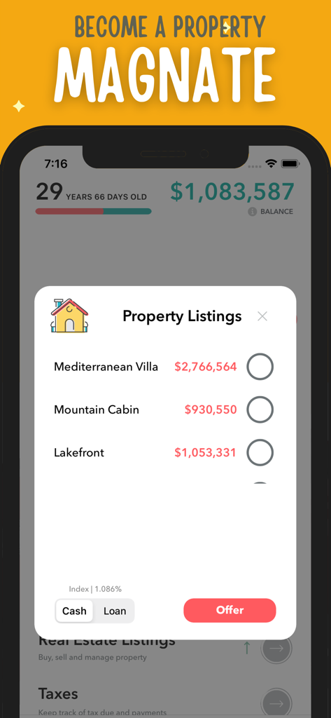 Uma captura de tela de jogo móvel do Life Simulator Hobo CEO exibindo listas de propriedades, incluindo uma vila e uma cabana na montanha com opções de compra usando dinheiro ou um empréstimo.