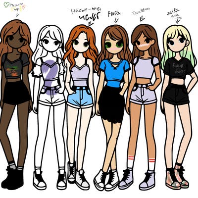 a group of girls wearing crop tops and shorts