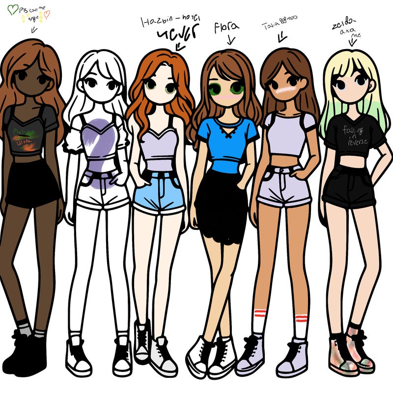 a group of girls wearing crop tops and shorts