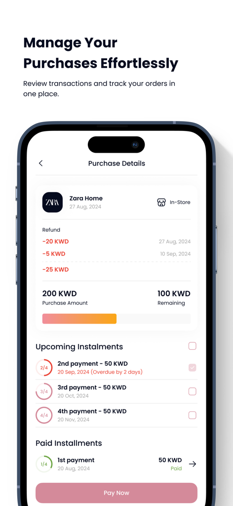 A screenshot of the deema app purchase details screen showing installment payments for a Zara Home purchase.