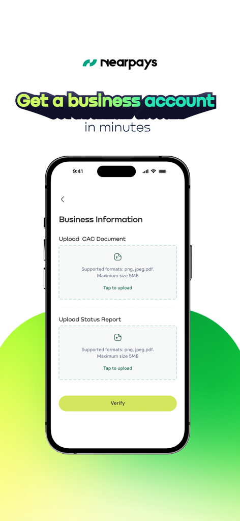 NearPays - NearPays app interface for opening a business account with document upload options