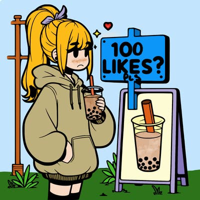 girl with oversized hoodie drinking boba and she has a high ponytail with a sign that says 10likes?