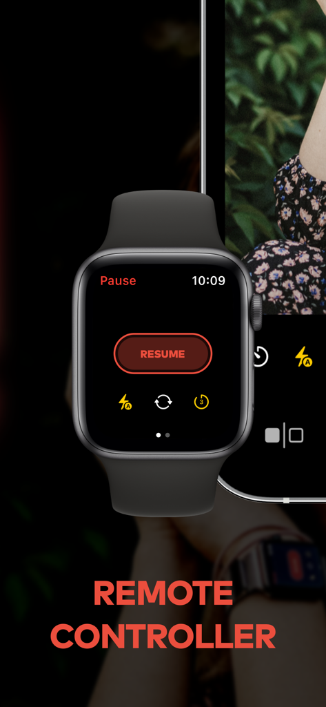 Pause - Video editor & Camera - Apple Watch interface showing remote camera controls for the Pause app