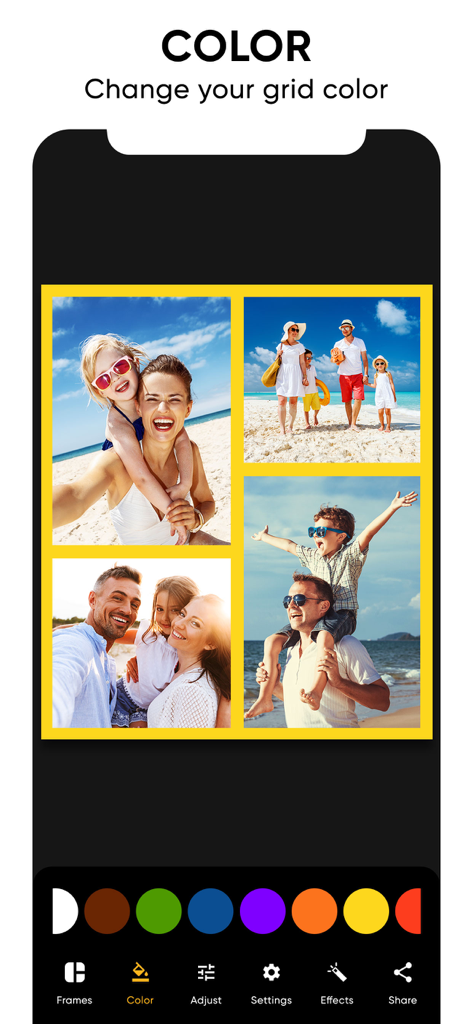 Collage Maker Photo Grid - コラージュメーカーアプリで家族写真のコラージュのグリッド境界線の色を変更している様子